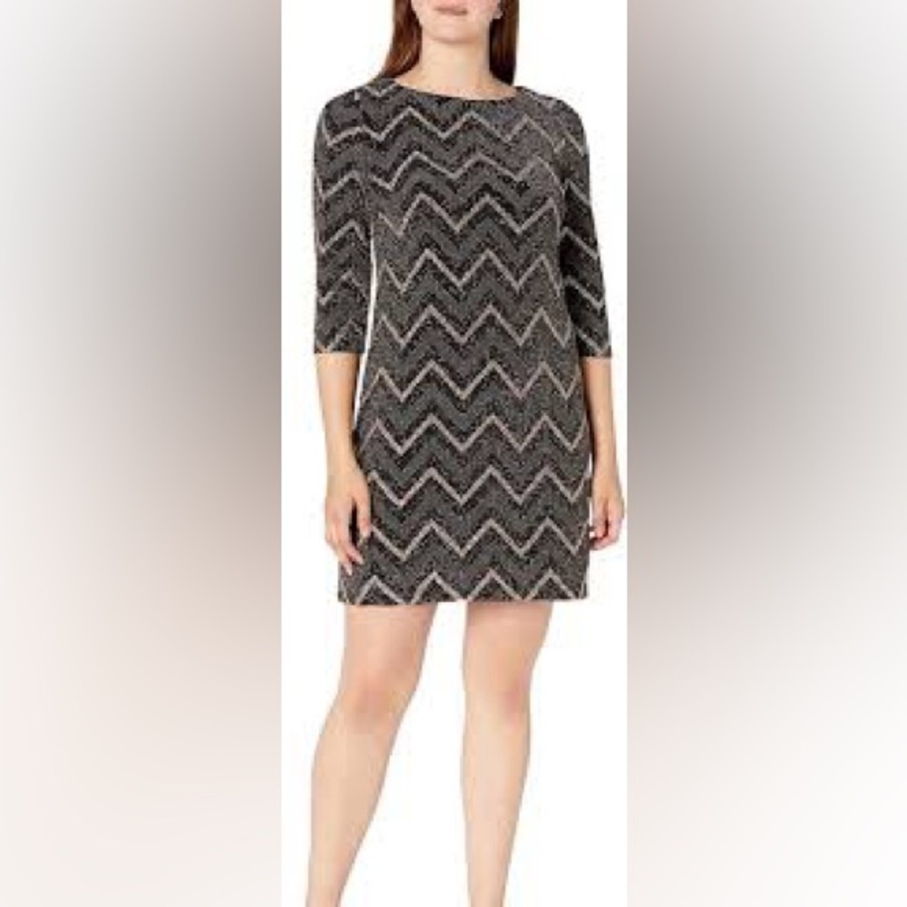 Studio One New York Metallic Glitter Chevron Shift Dress Black Gold 3/4 Sleeve